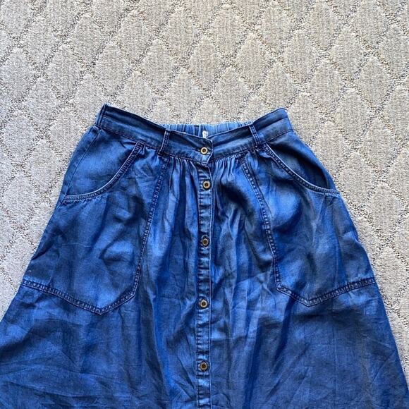 Chambray button down skirt pockets pleated front bohemian festival casual - Picture 2 of 5